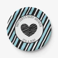 Its a boy, Blue and Black Striped Baby Shower Paper Plates