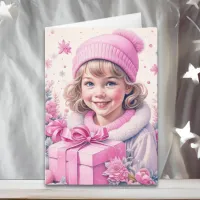 Cute Little Vintage Girl in Pink Retro Christmas Card
