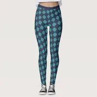 Dark Cyan Blue Aquamarine Squares Pattern Fitness Leggings