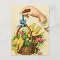 Vintage Easter Basket Yellow Birds and Hand Postcard