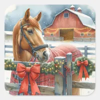 Beautiful Brown Horse at a Festive Barn Christmas Square Sticker