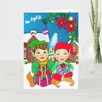 Festive Merry Christmas Girl and Boy Elves Card