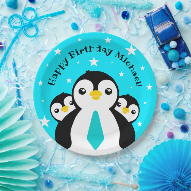 Cute Happy Birthday Boy Penguins Blue Neckties Paper Plates