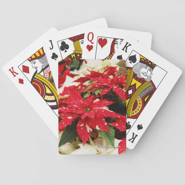 Festive Red White Floral Poinsettias Poker Cards