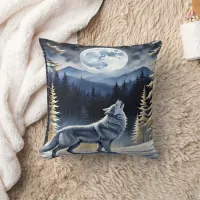 Howling Wolf Beneath a Full Moon in Winter Forest Throw Pillow