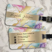 Colorful Watercolor Marble Faux Gold Foil Stripe  Luggage Tag