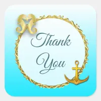 Aqua Blue and Gold Nautical Thank You Stickers