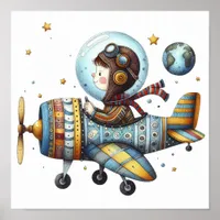 Charming Nursery Art Child Flying Old Airplane Poster