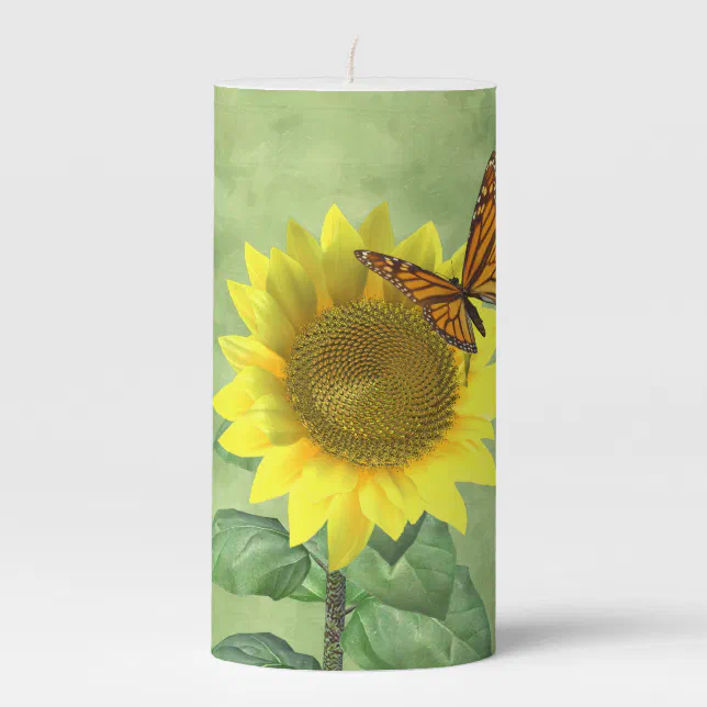 Pretty Yellow Sunflower and Orange Butterfly  Pillar Candle