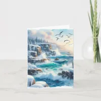 Serene Winter Watercolor Coastal Seascape Blank Note Card