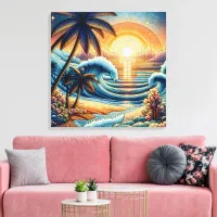 Mosaic Ai Art | Ocean Sunset and Palm Trees Canvas Print