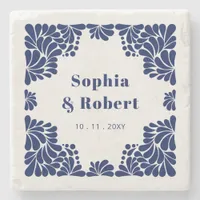 Mexican Navy Blue Talavera Wedding Stone Coaster