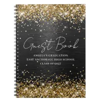 Gold Glitter Black Brushed Metal Graduation Guest Notebook