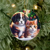 Cute puppy and cat under Christmas tree Ceramic Ornament