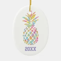 Rainbow Watercolor Pineapple Tropical Personalized Ceramic Ornament