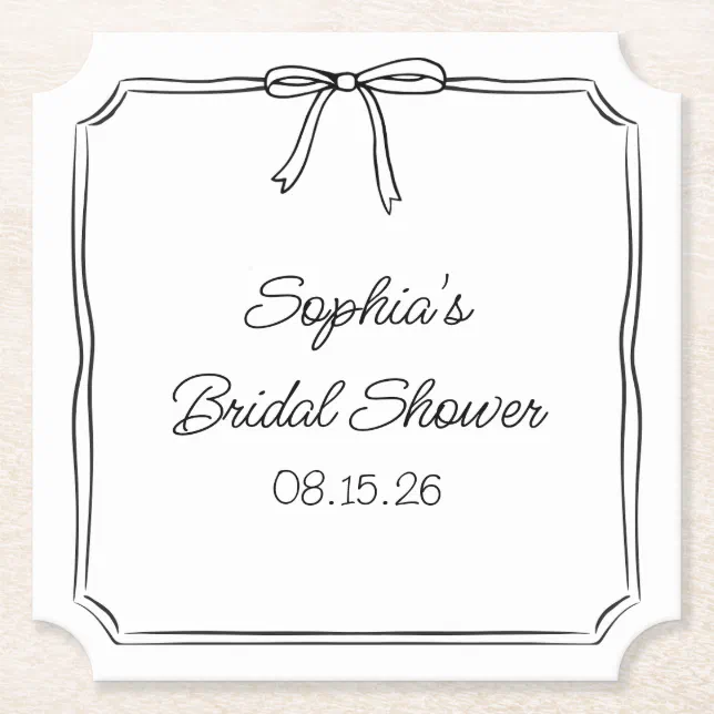 Elegant Coquette Hand Drawn Bow Cute Bridal Shower Paper Coaster