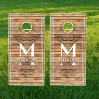 Monogram Family Name Rustic Wood Farmohouse Cornhole Set