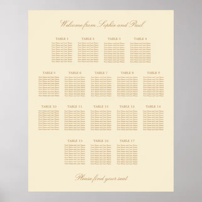 Cream Beige 17 Table Wedding Seating Chart Poster