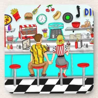 1950's Diner | Couple Holding Hands   Beverage Coaster