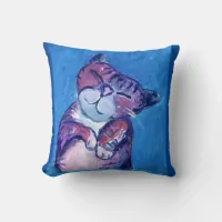 Cozy Cat Painted Kitty Cute Feline on Blue Throw Pillow