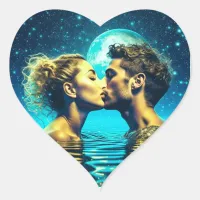 Sweet Kiss Under the Moon in the Calm Ocean Heart Sticker