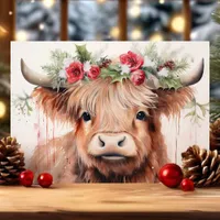 Cute Floral Watercolor Baby Highland Cow Christmas Holiday Card