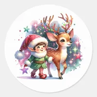 Whimsical Elf and Reindeer Christmas Classic Round Sticker