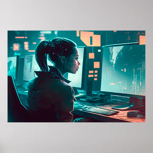 Woman at a Computer in a City of the Future Poster