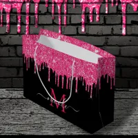 Monogram Metallic Hot Pink Dripping Glitter Black Large Gift Bag