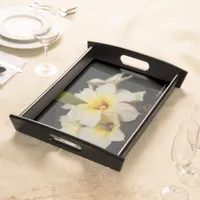 Beautiful Satin Flowers on Black Serving Tray