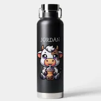  Cute Baby Cow Drinking Boba Kawaii Cartoon Water Bottle