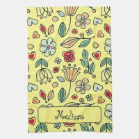 Folk Art Floral Pastels on Bright Yellow Kitchen Towel