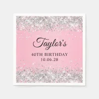 Silver Glitter Pink Ombre 40th Birthday Napkins