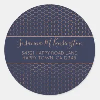 Girly Navy and Rose Gold Foil Hexagon Address Classic Round Sticker