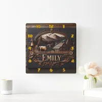 Carved Wooden Sign of Emily at Country Farm Square Wall Clock