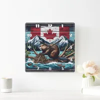 Canadian Beaver by the Flag and Mountains Square Wall Clock