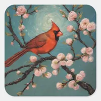 Cardinal in a blooming almond tree square sticker