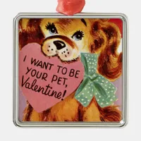 Vintage Puppy Holds Heart Valentine Metal Ornament