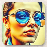 Pretty Lady with Blue Sunglasses with Reflection Beverage Coaster