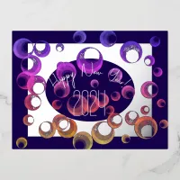 Modern happy new year, colorful bubbles, silver foil holiday postcard