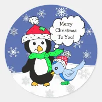 Christmas Penguin and Snow Blue Bird Classic Round Sticker