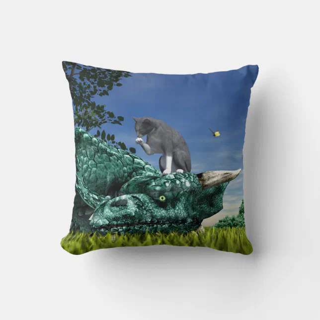 Surprise Visitor - Cute Cat on Dragon’s Head Throw Pillow