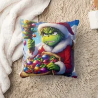 Grinch steals gifts in snowy mountains throw pillow