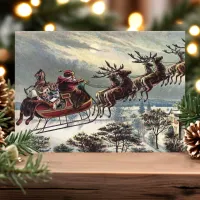 Vintage Retro Santa Claus Reindeer Sleigh Holiday Card