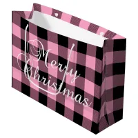 Pink Black Chevron Buffalo Plaid Merry Christmas Large Gift Bag