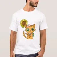 Cute Orange Kawaii Cat with Sunflower T-Shirt