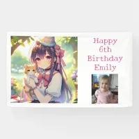 Pretty Anime Holding Kitten Girl's Birthday Banner