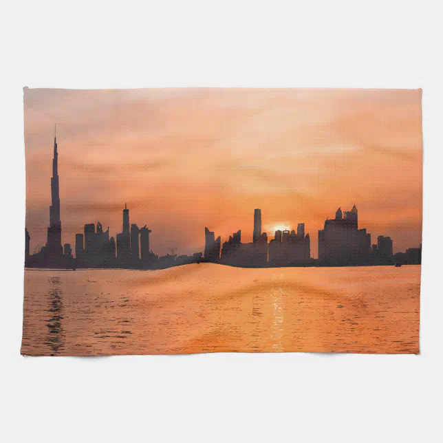 Sunset over a seaside town - watercolor kitchen towel