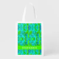 Pretty Lime Green Aqua Blue Leaves with Name Grocery Bag