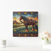 Vibrant Horse in Colorful Farm Scene Square Wall Clock